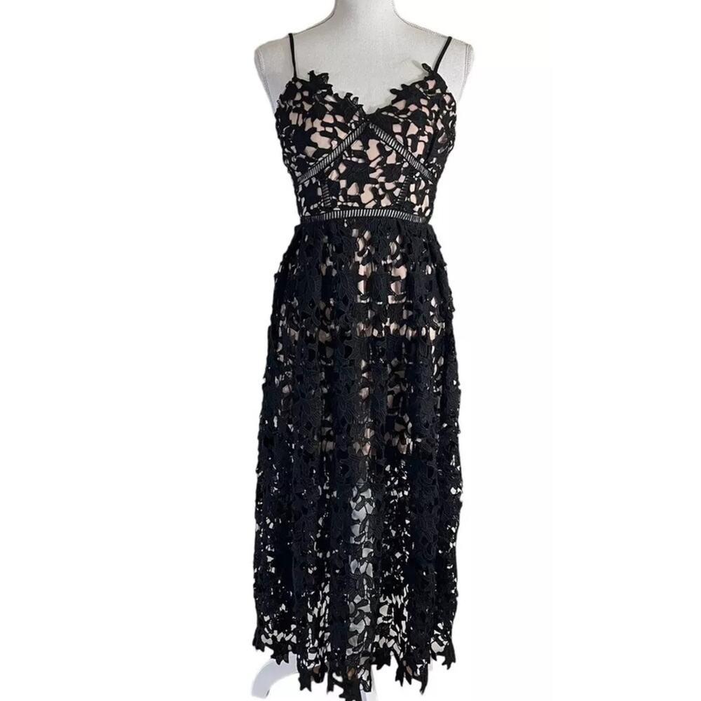 Aqua Black Lace Overlay Tan Lining Spaghetti Strap Cami Midi Dress SM